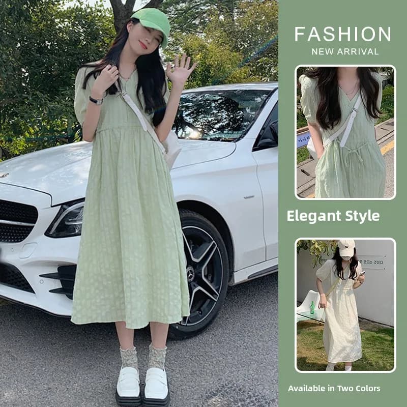 Abito Estivo Premaman 2025 Nuova Moda Stile Coreano Versione Larga con Maniche a Bolla Lunghezza al Ginocchio da Donna
