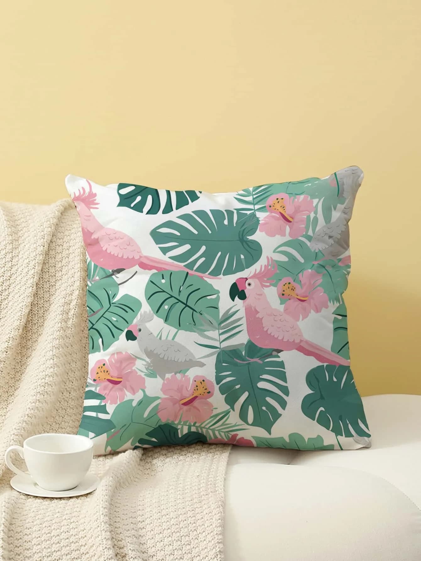 Fodera per cuscino con stampa di pappagalli tropicali e monstera, federa decorativa per divano, camera da letto, soggiorno, letto, sedia da ufficio, decorazioni per la casa