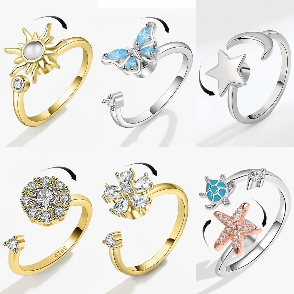 Sunflower Rotating Anxiety Ring For Women Spinner Fidgets Adjustable Open Rings Cute Animal Butterfly Turtle Bague Anti Stress
