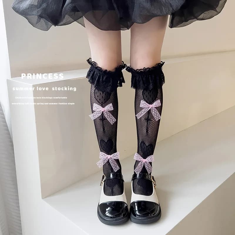 Calze lunghe in pizzo per bambine, con fiocco e motivo a cuore, in rete, stile Lolita, per balletto, a rete, arricciate