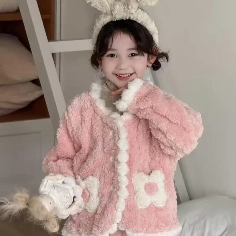 Clothing Set for Home Genitor-Son for Autumn and Winter, Cardigan in Velvet Warm with Lace for Girls, Pijami, Children's Clothing