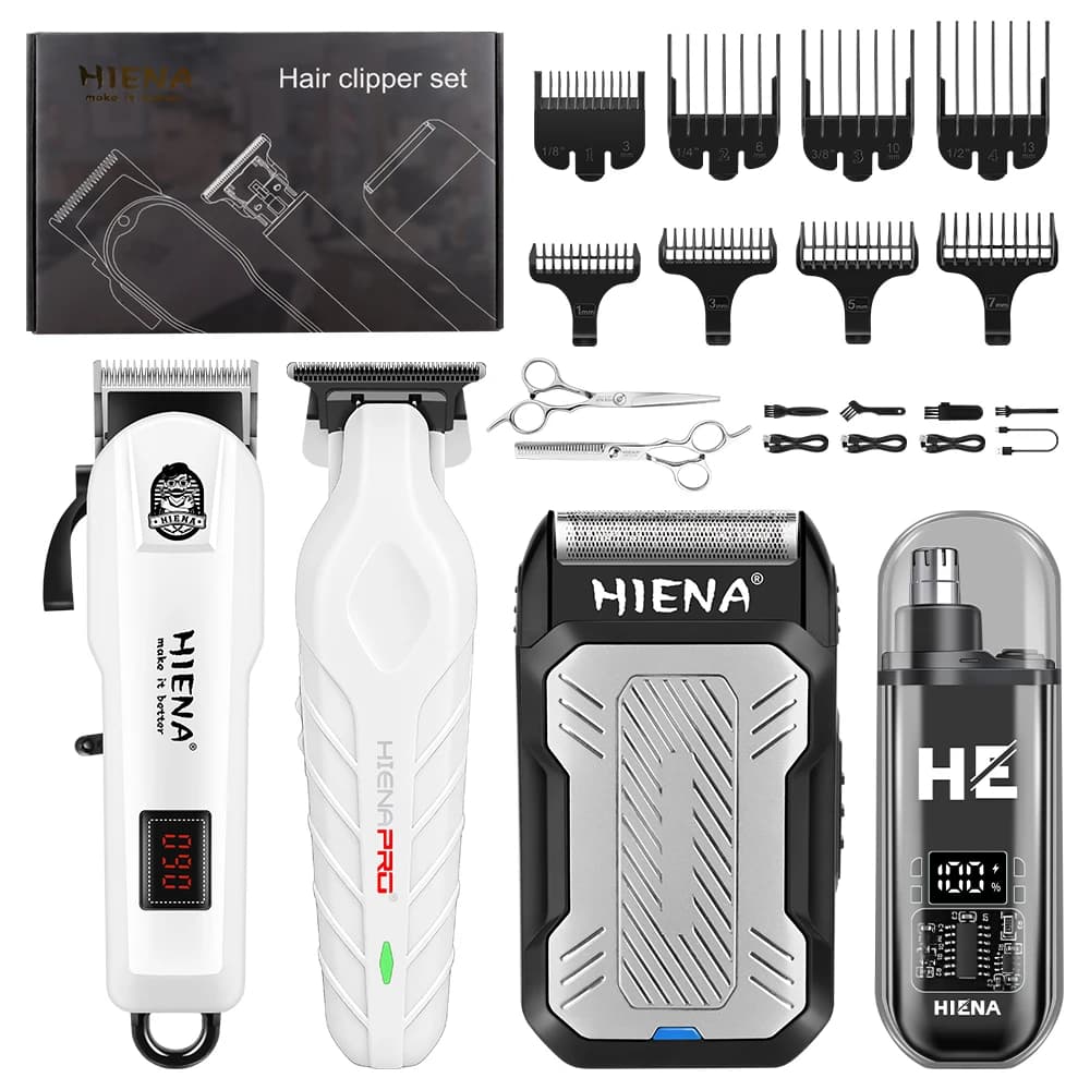 HIENA 4Pcs Professional Barber Hair Clipper Kit Rechargeable Men Hair Trimming Shaving Grooming Tools Set