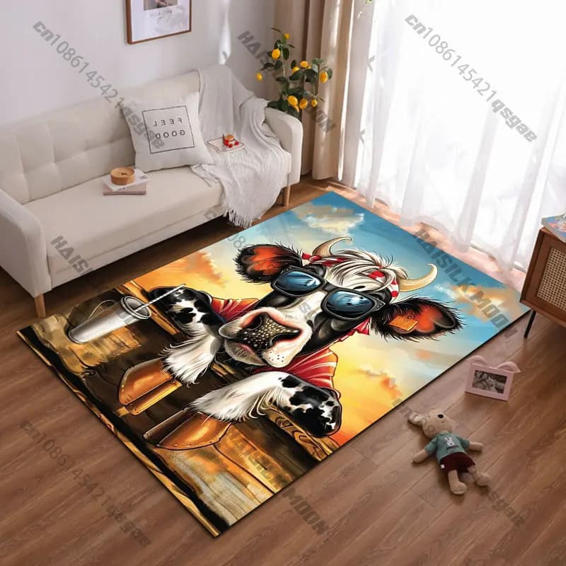 Tappeto con mucca dei cartoni animati che godesi del tramonto, tappeto da yoga, decorazione per soggiorno, tappetino per gattonare per bambini, zerbino, tappeto per giochi