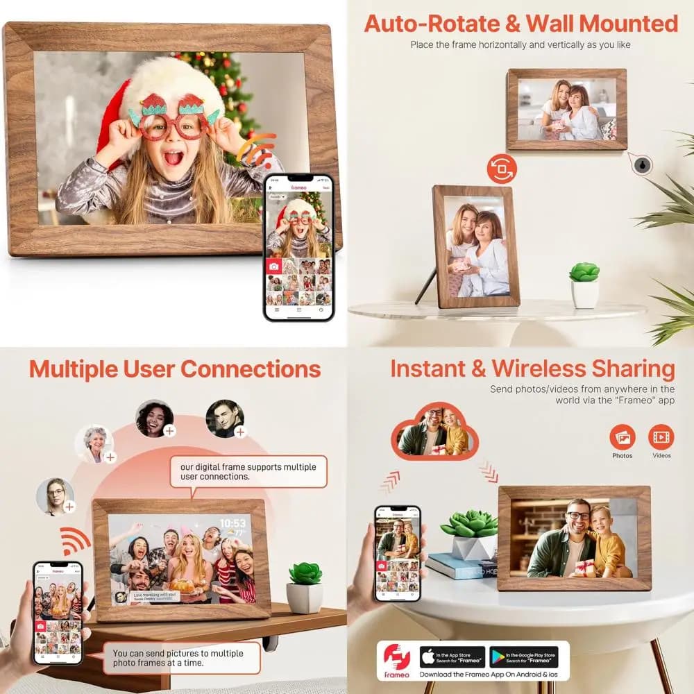 Cornice per foto digitale WiFi 10.1, 32 GB, touchscreen IPS 1280x800, design in legno, rotazione automatica, montabile a parete, condivisione remota