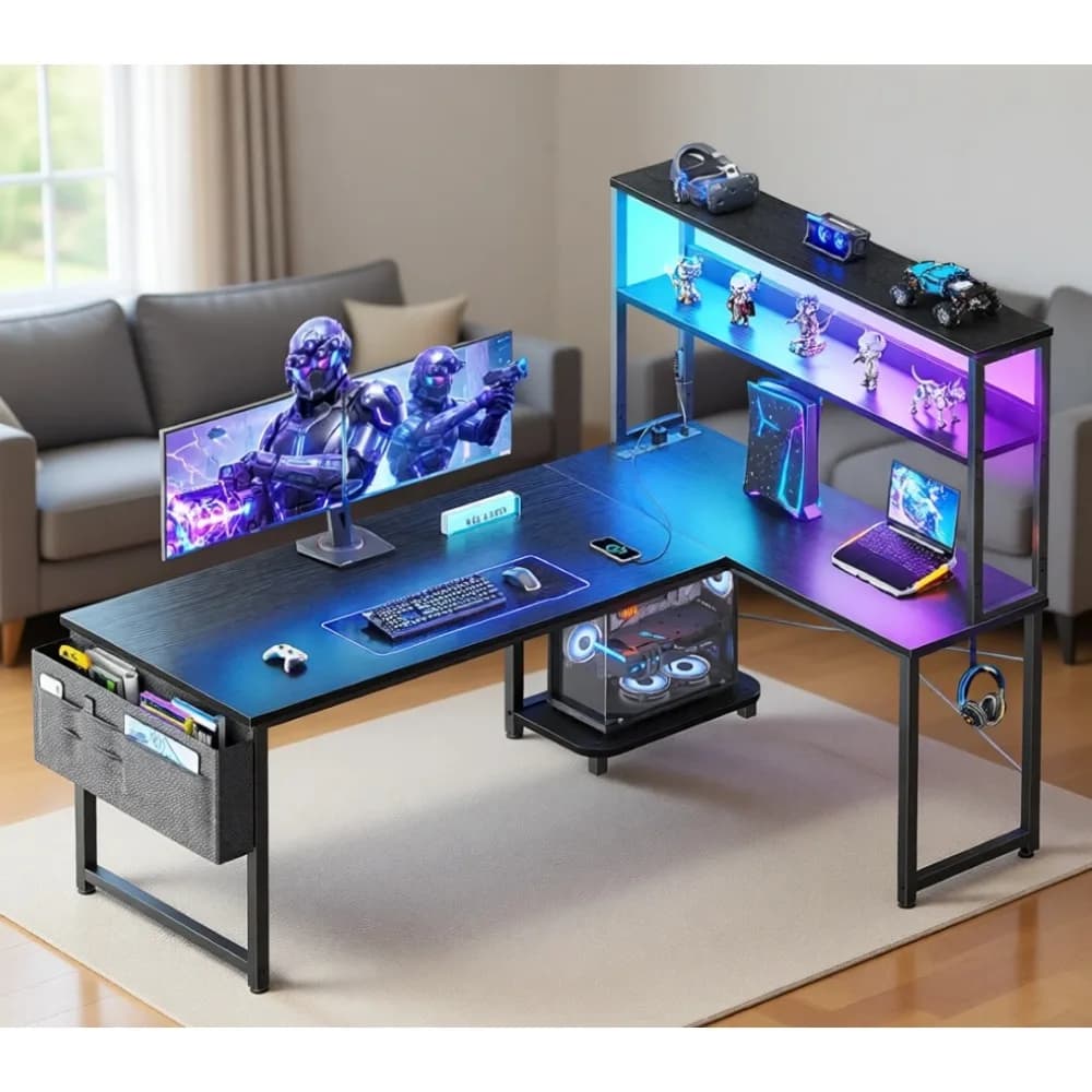 53" L-Shaped Gaming Desk with Storage, LED, Outlets - Includes Headset Hook, Gear Bag, Spaces for Books, Supplies, Equipment