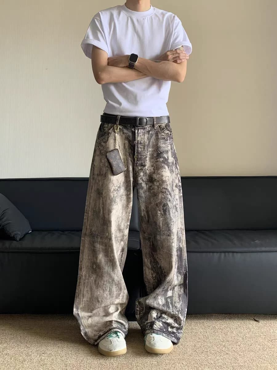 Jeans Americani High Street con Stampa Digitale 3D Camouflage Effetto Schizzi d'Inchiostro, Vita Bassa, Gamba Larga, per Uomo e Donna, Pantaloni Lunghi di Tendenza