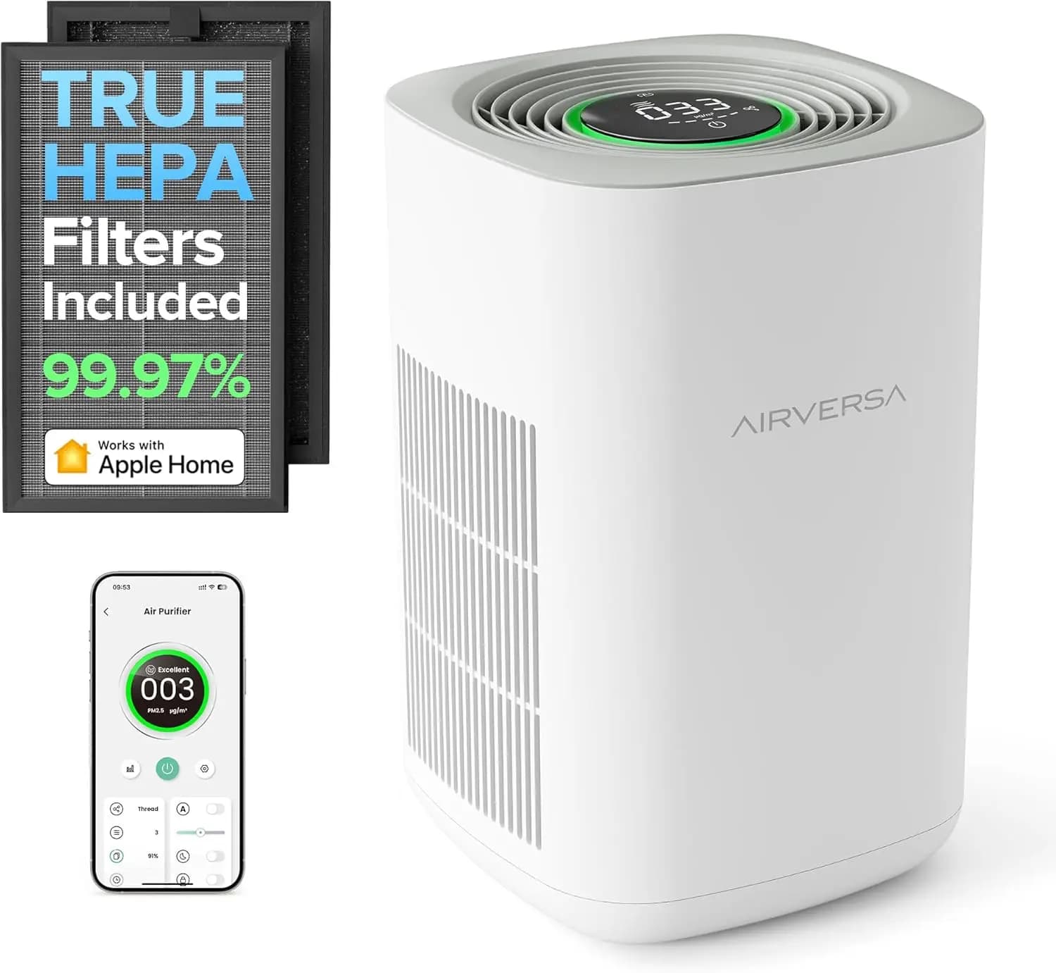 Purificatore d'aria intelligente con HomeKit, supporto Thread, filtro HEPA H13 per ambienti fino a 90 mq
