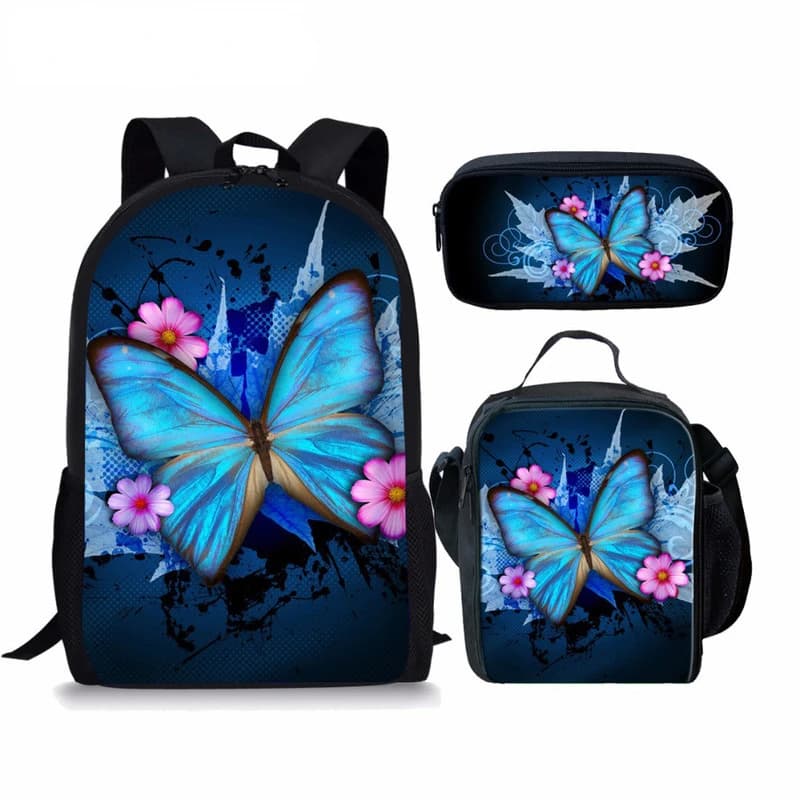 Popolare giovanile farfalla stampa 3D 3 pezzi / set borse da viaggio per studenti zaino per laptop zaino borsa per il pranzo astuccio