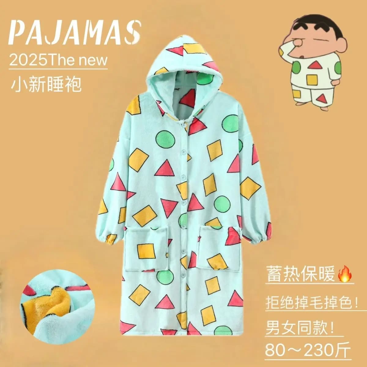 Accappatoio in pile unisex con cappuccio stampato Anime Crayon Shin-Chan, pigiama invernale caldo in morbido peluche, abbigliamento da notte e da casa