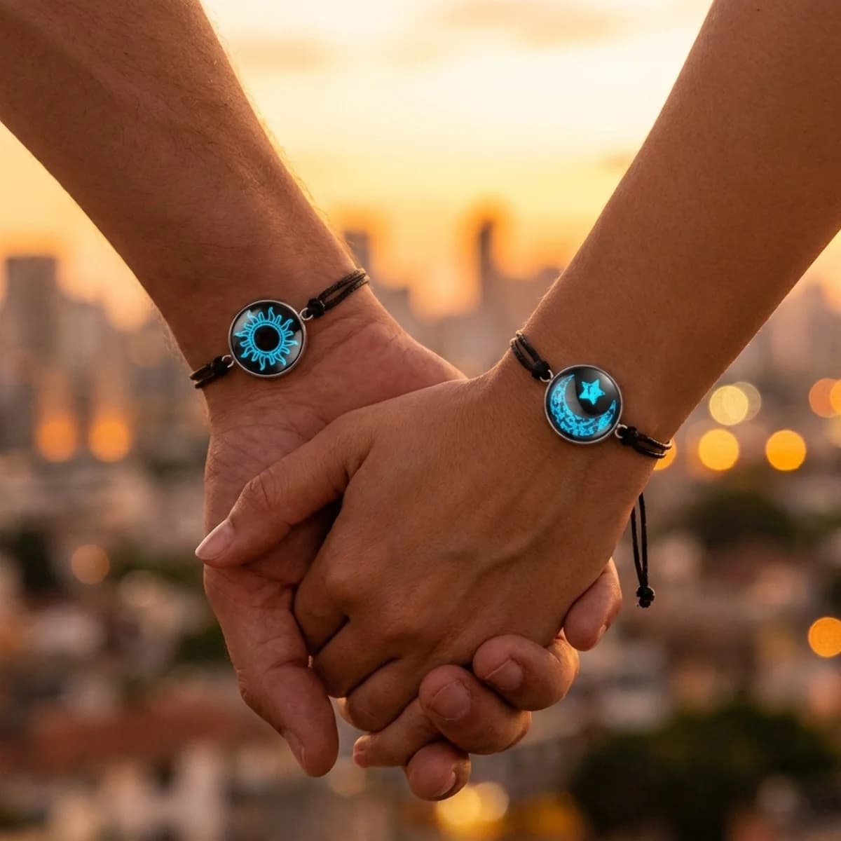 Braccialetti luminosi con motivo Sole e Luna per coppie, da donna e da uomo, in vetro rotondo che si illumina al buio, braccialetti intrecciati, gioielli per San Valentino.