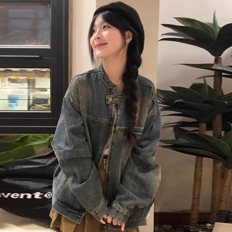 Washed Vintage American Denim Jacket Women's Spring Autumn Large Size Trendy Long Sleeve Jacket Top Commute Style Loose Fit