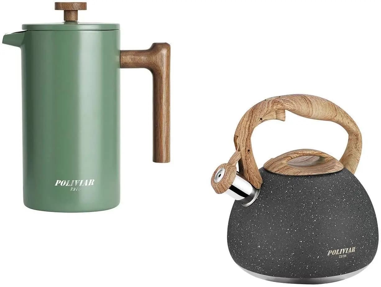 POLIVIAR 34 oz French Press Coffee Maker & 2.7 Quart Tea Kettle Combo Package, Food Grade Stainless Steel for Good Coffe and Tea