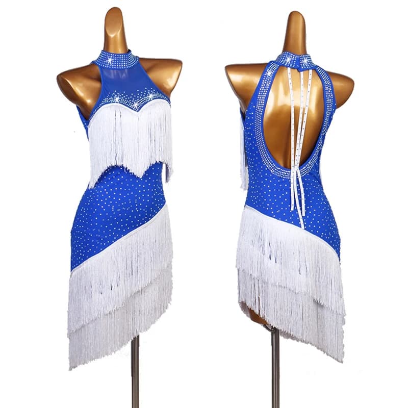 Costumi di performance di danza latina Donna Abiti con frange bianche e blu ChaCha Samba Salsa Competizione Outfit Sexy Dancewear latino 4267