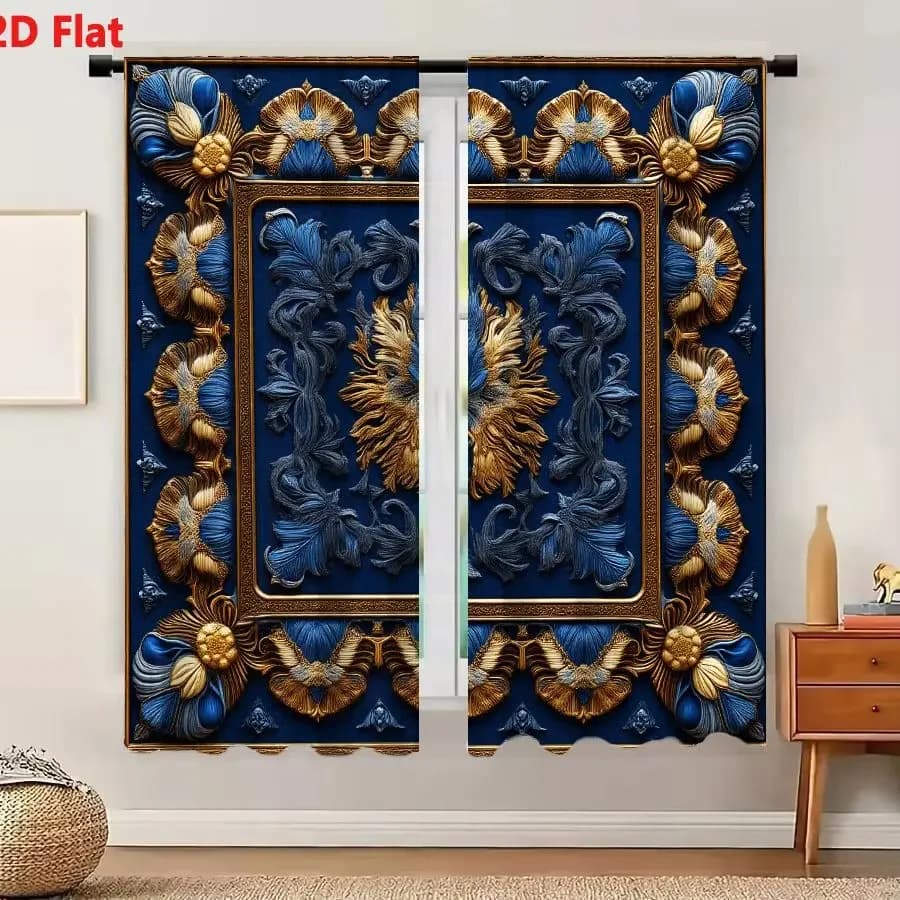 2Pcs Curtains Add 2D Flat Baroque Blue Gold Ornate Symmetrical Floral Decorative Panel Window Drapes for Bedroom Room Decor Deco