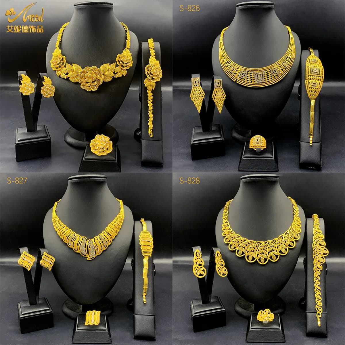 Set da 4 pezzi in oro 24 carati AU999 con borchie di diamanti irregolari da donna - Set da sposa premium, diamanti brillanti per ricordi di nozze