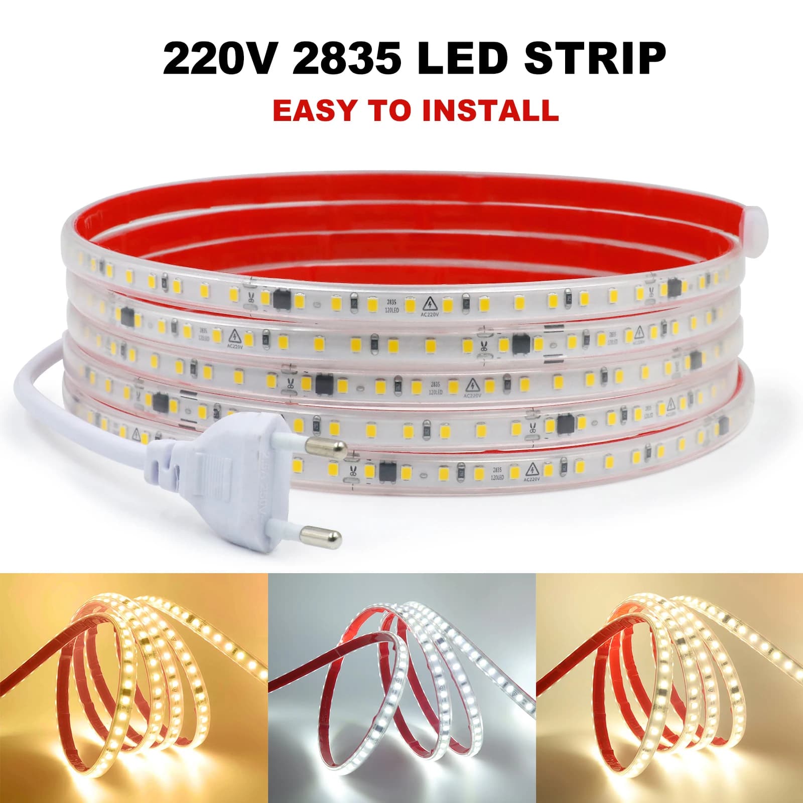 220V LED Strip Lights 2835 IP65 Waterproof 3000K 4000K 6000K Adhesive Led Light Tape 120Leds/M Home Flexible Ribbon For Garden