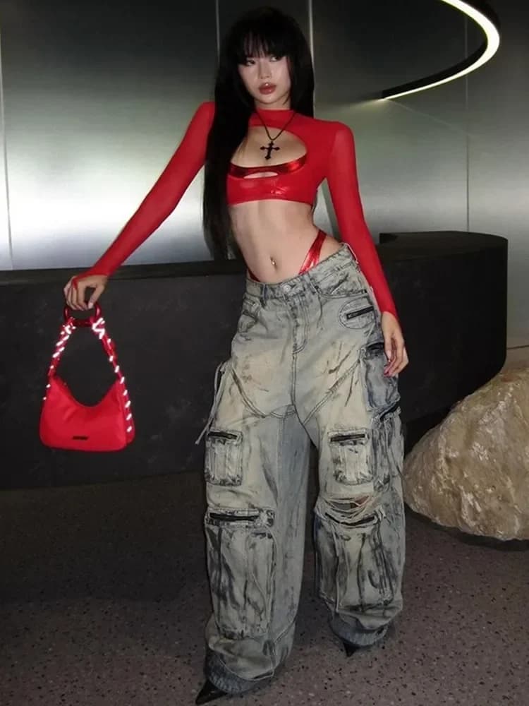 Vedere attraverso Y2k Vestiti Scava Fuori Maglia Crop Top Skinny Canotta Mini Ropa De Mujer Rave Abiti 2 Pezzi Set T-shirt per le donne