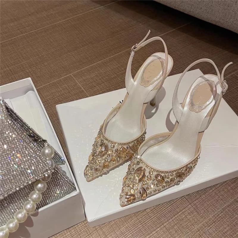 Scarpe da sposa in cristallo a rete bassa a punta primaverile ed estiva, abito da banchetto sottile con tacco alto, sandalo da donna di grandi dimensioni e piccole dimensioni
