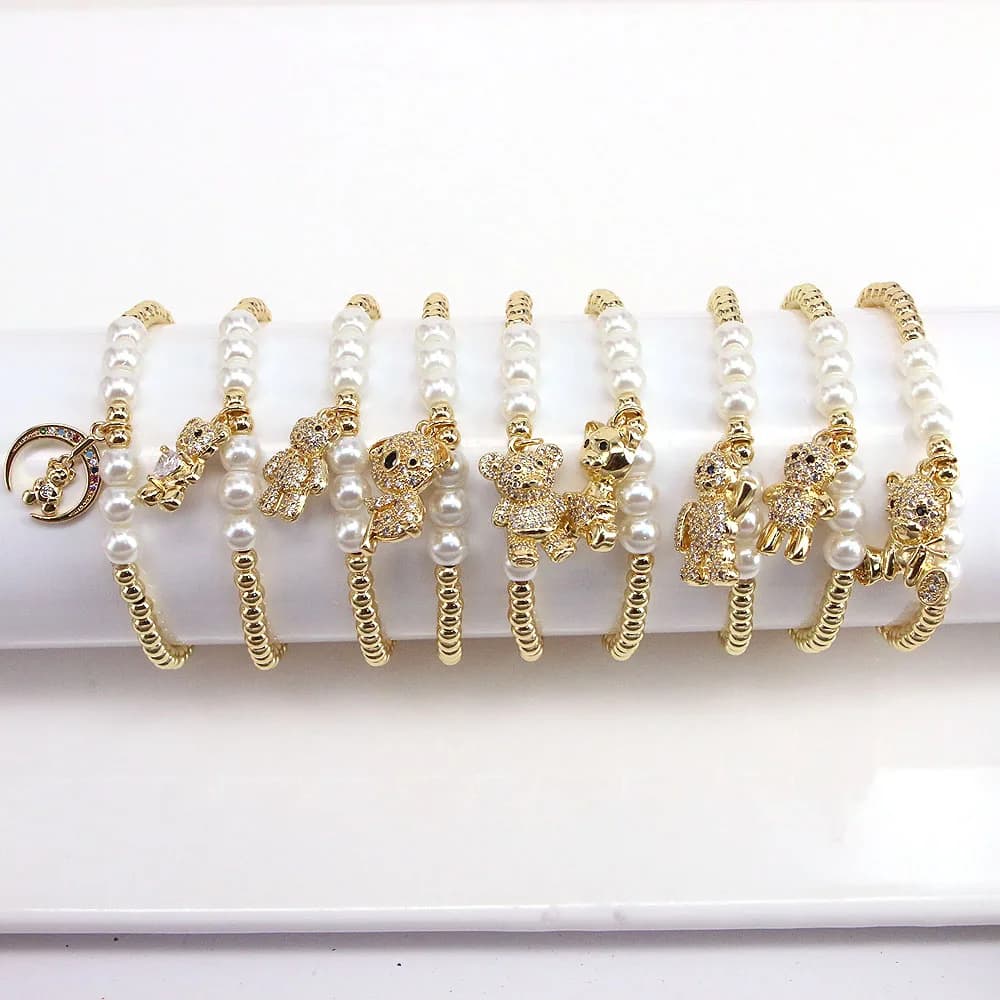5 pezzi, braccialetti con orsetto adorabile con zirconi CZ, gioielli chic, braccialetti con perline in rame, conchiglia di perle, regalo d'AMORE