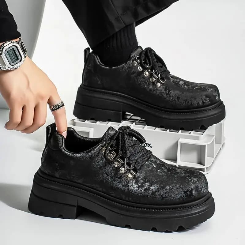 Winter Men Retro British Style Casual Leather Shoes Thick Platform Height Increase Black Chunky Work Boots