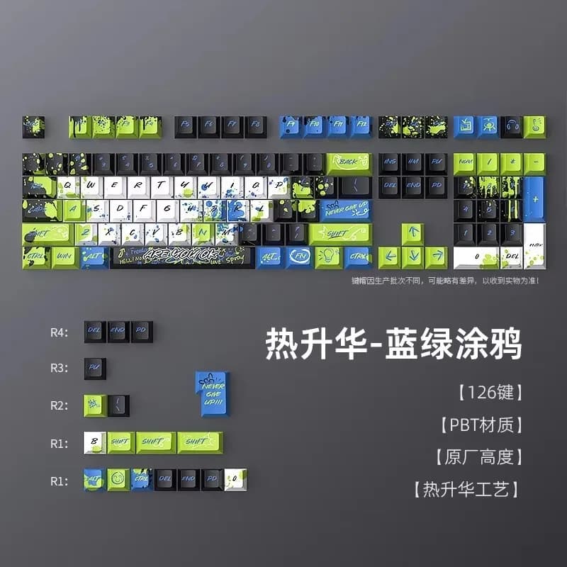 Five-sided original PBT sublimation theme mechanical keyboard keycap graffiti blue-green customized keycaps small full set