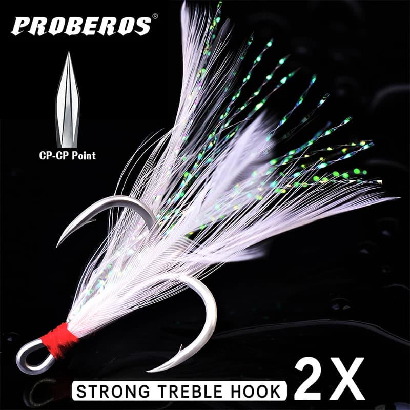 PROBEROS 10 pz/scatola Ami da Pesca Triplo con Piuma, Ami da Pesca Robusti in Acciaio al Carbonio, Accessori per la Pesca
