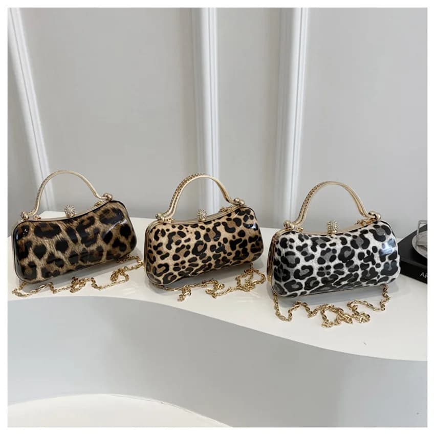 Leopard Print Box Banquet Bag for Women Rhinestone Handle Hard Handbag Fashion Exquisite Lady Chain Cross Body Bags