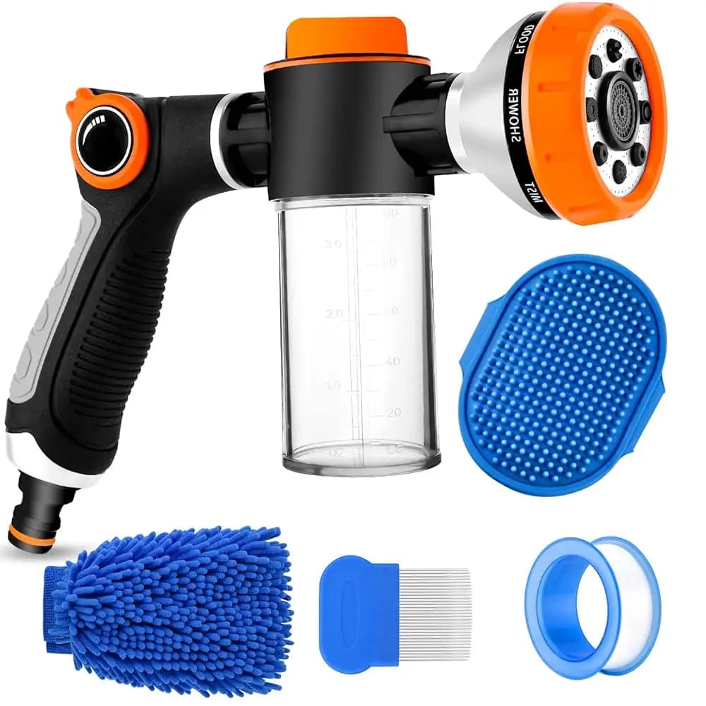 Accessorio per Tubo di Lavaggio Cani con Dispenser di Sapone, Spazzola per Bagno Animali, Guanto per Lavaggio Auto e Pettine per Cani