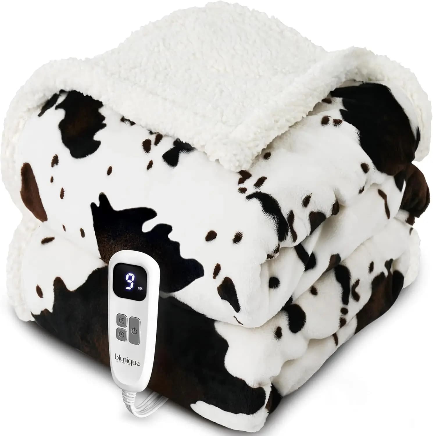 Coperta riscaldata elettrica con stampa mucca con 10 livelli di calore, spegnimento automatico, Sherpa in pile lavabile, 50x60 pollici