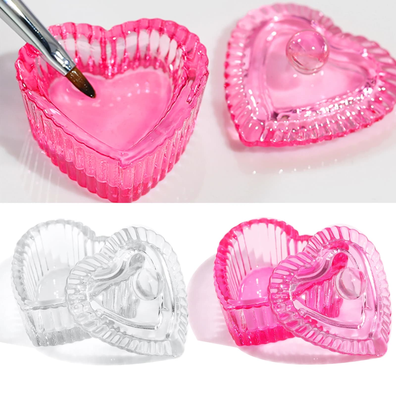 1 pz piatto Dappen in vetro cristallo rosa polvere acrilica supporto per liquido contenitore a forma di cuore coperchio per unghie tazza ciotola accessori per manicure