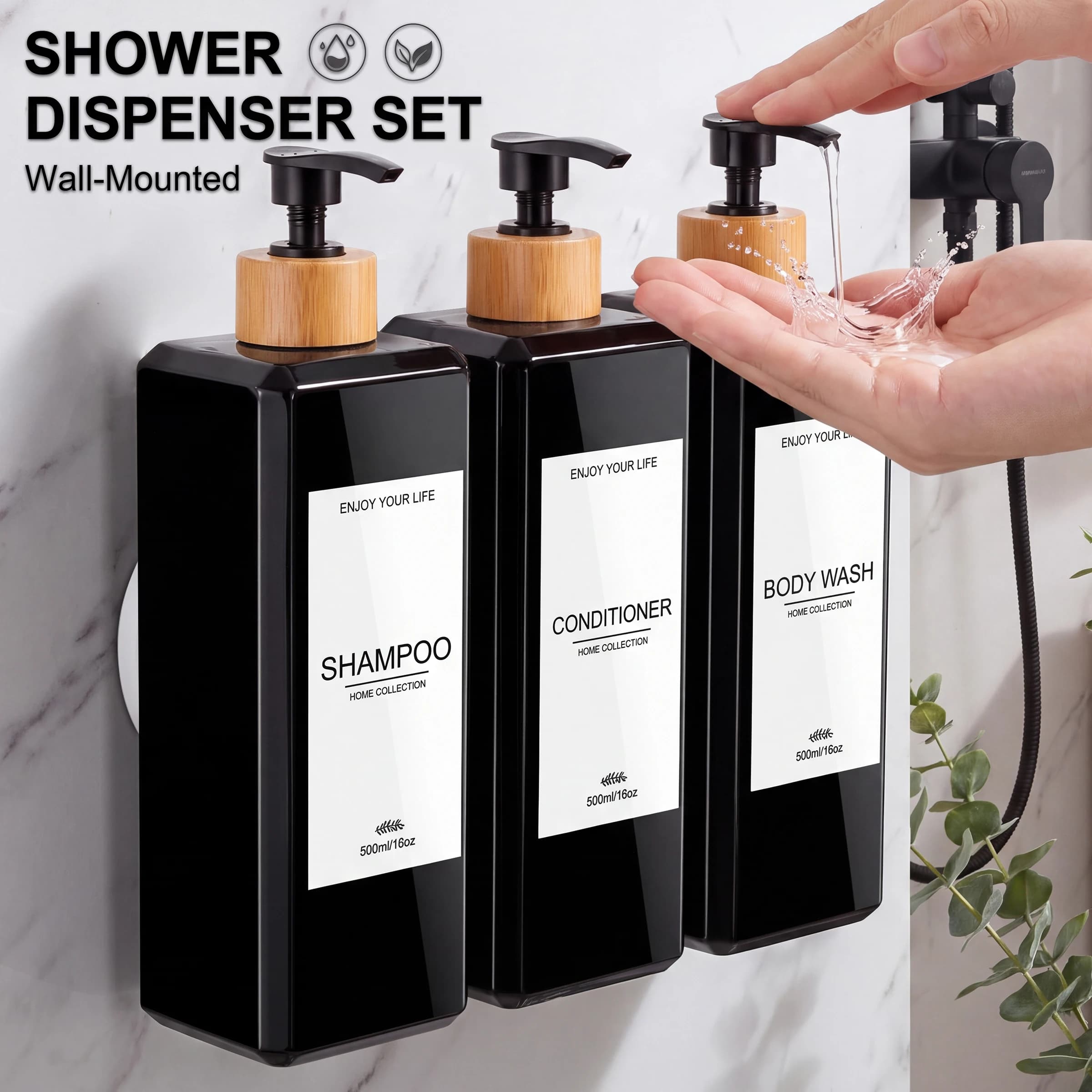 500ML Shower Soap Dispenser, Wall-Mounted Bathroom Shampoo, Bodywash & Conditioner Pump Bottles for Spa-Like Shower Experience