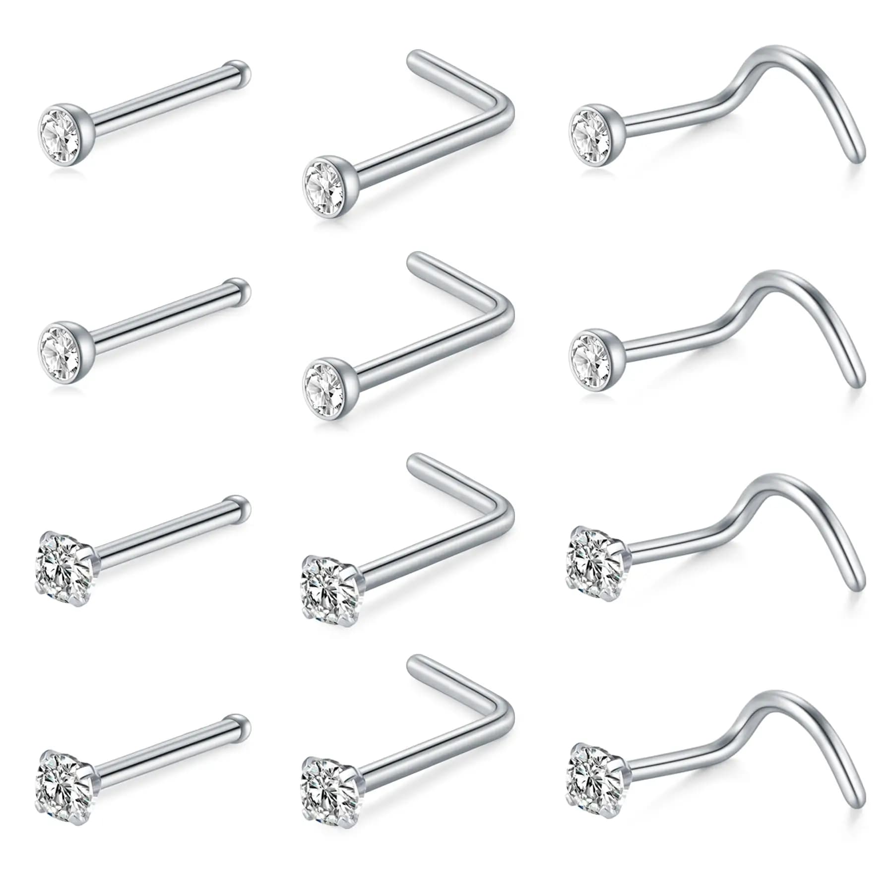 12 pz 20G anelli al naso in acciaio inox borchie a forma di L naso vite osso diamante cavatappi narice Piercing gioielli zircone cubico