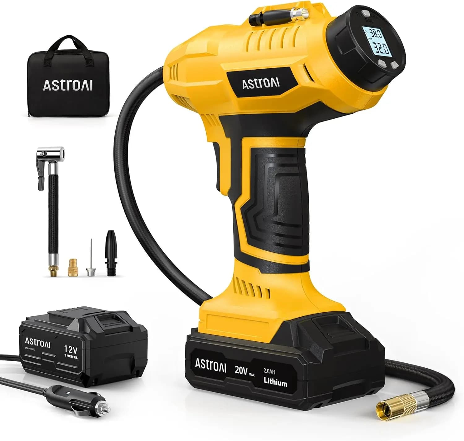 Compressore d'Aria Portatile 20V Senza Fili con Batteria Ricaricabile, 160PSI per Auto e Moto, Manometro Digitale Incluso