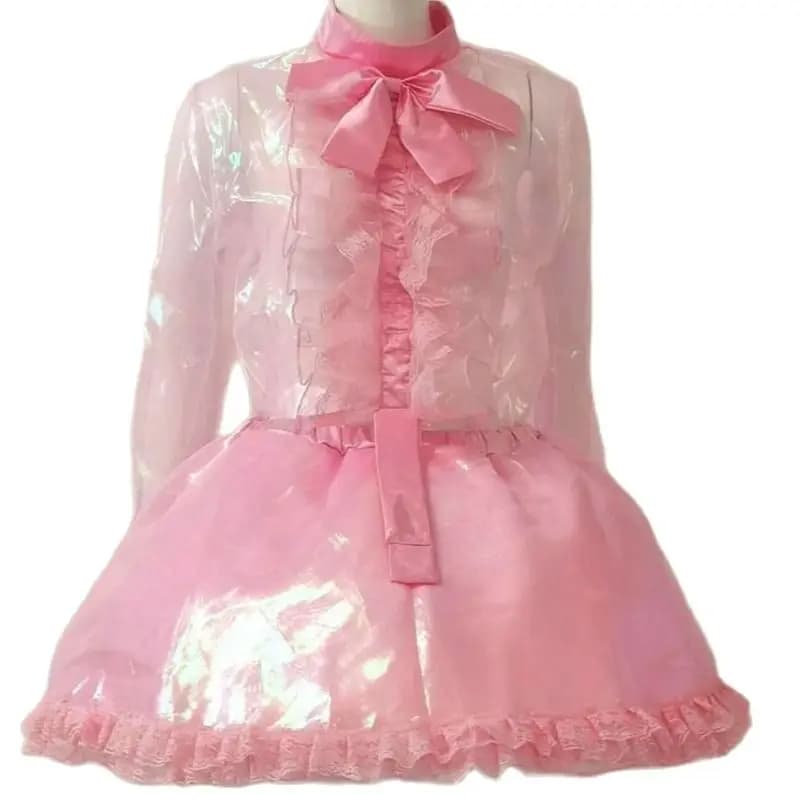 Alla moda adulto gigante bambino Sexy ragazza rosa filato colorato sottile a maniche corte Sissy vestito giapponese cameriera vestito da ballo con serratura