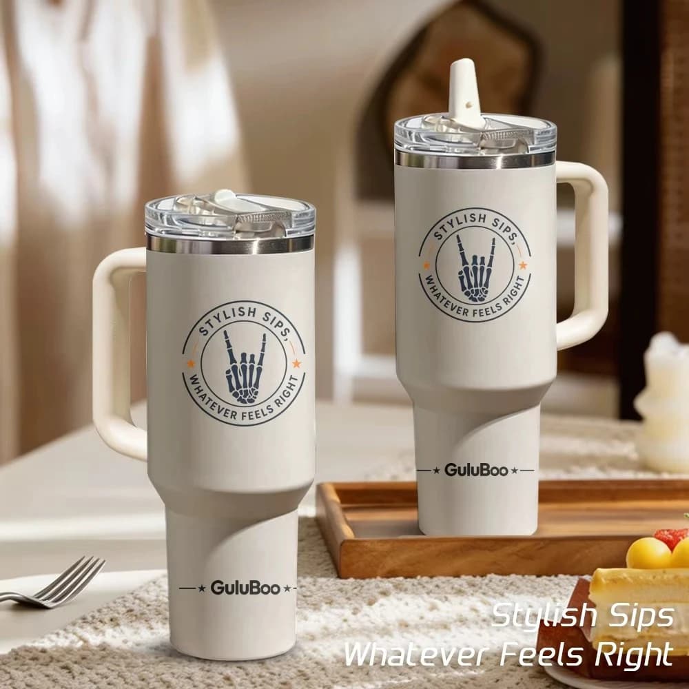 Tumbler Isolato da 40oz con Manico e Coperchio con Cannuccia, Stampa Grafica Teschio e Mano, Tazza da Viaggio in Acciaio Inox, Antigoccia, Regalo