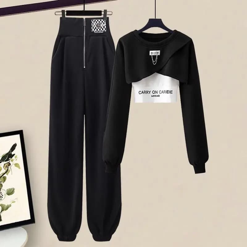 Tuta sportiva elegante coreana da donna primavera autunno moda maglione corto + bretelle + pantaloni Set di tre pezzi di tuta femminile
