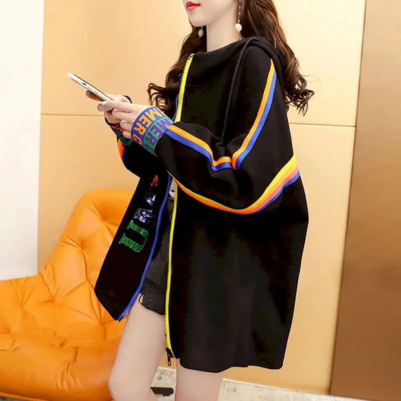 Felpe con cappuccio con paillettes moda donna cardigan sottile giacche primavera autunno Trnedy abbigliamento esterno cappotto con cappuccio 2025 nuovo colore bar cuciture top
