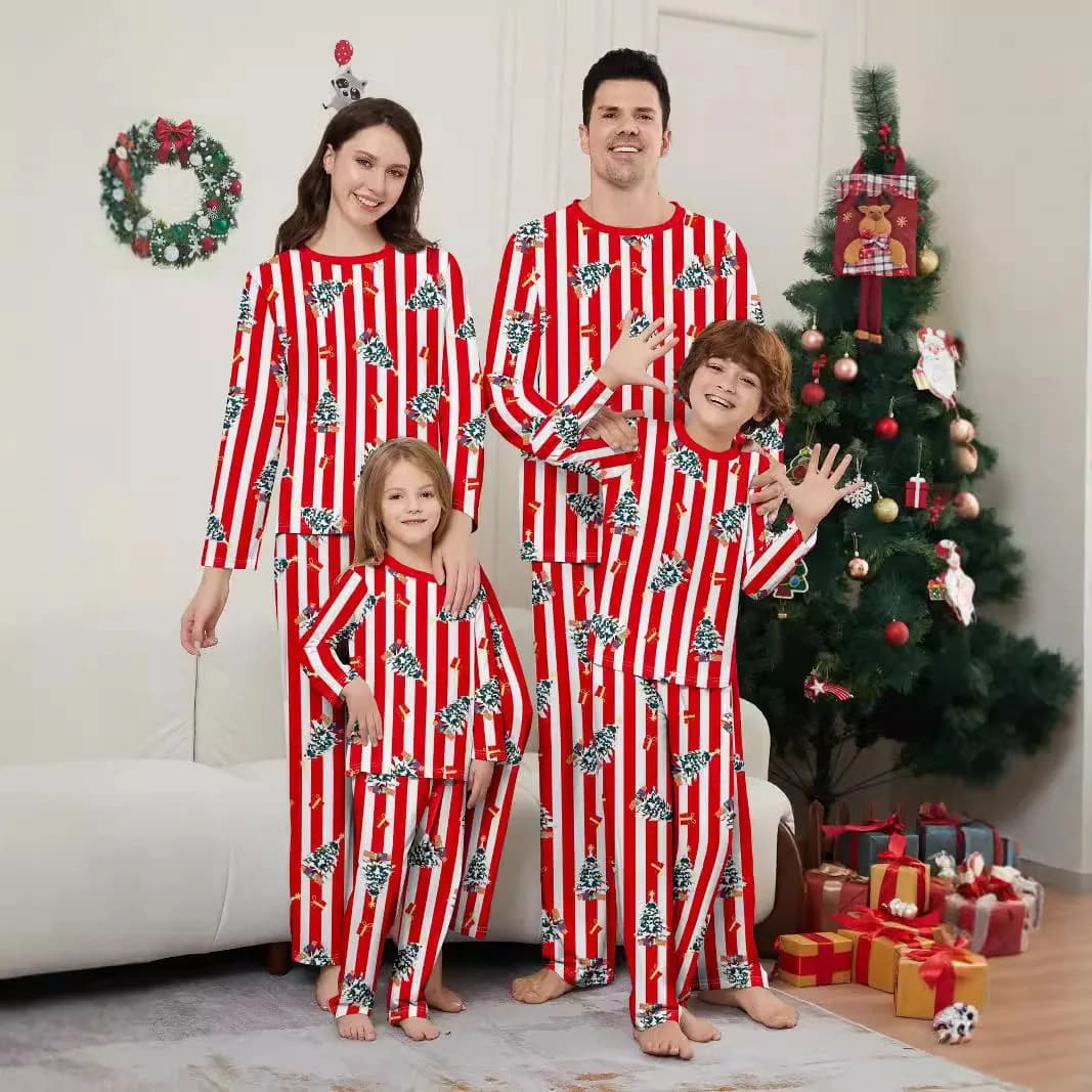 Set genitore-figlio con albero di Natale europeo e americano, pigiama coppia stampato a righe, abbigliamento per la casa genitore-figlio del festival di Natale
