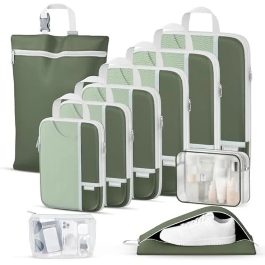 Set of 10 Percover Compression Cubes to Organize Bags with Toiletry Bag, Baby Bag and Green Shoes Bag