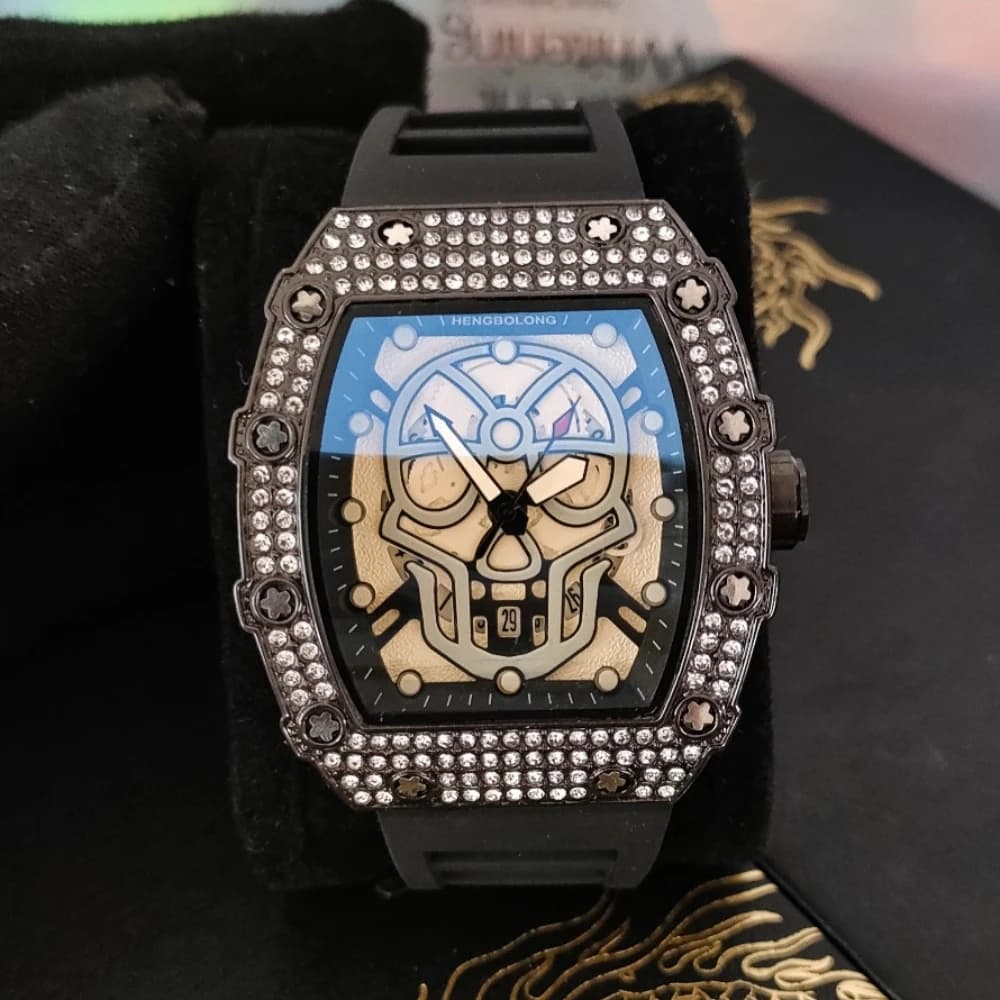Design cavo quadrante con teschio cassa con diamanti tonneau orologio al quarzo creativo unico da uomo quadrante decorativo scheletro orologi da uomo di lusso orologio