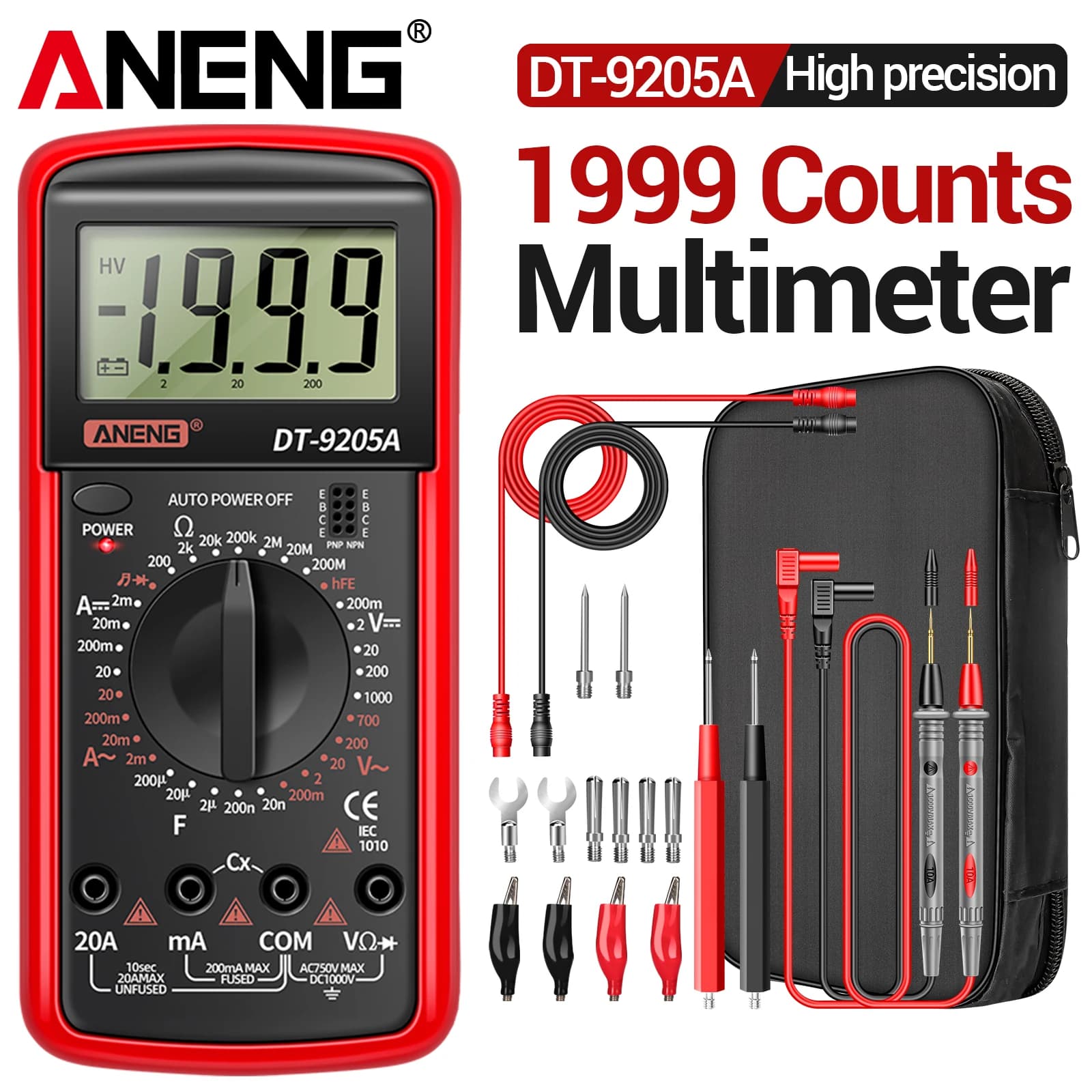 Multimetro digitale professionale ANENG DT9205A 1999 Conti Vero RMS AC/DC Transistor Tester di tensione Gamma automatica Multimetro Strumento