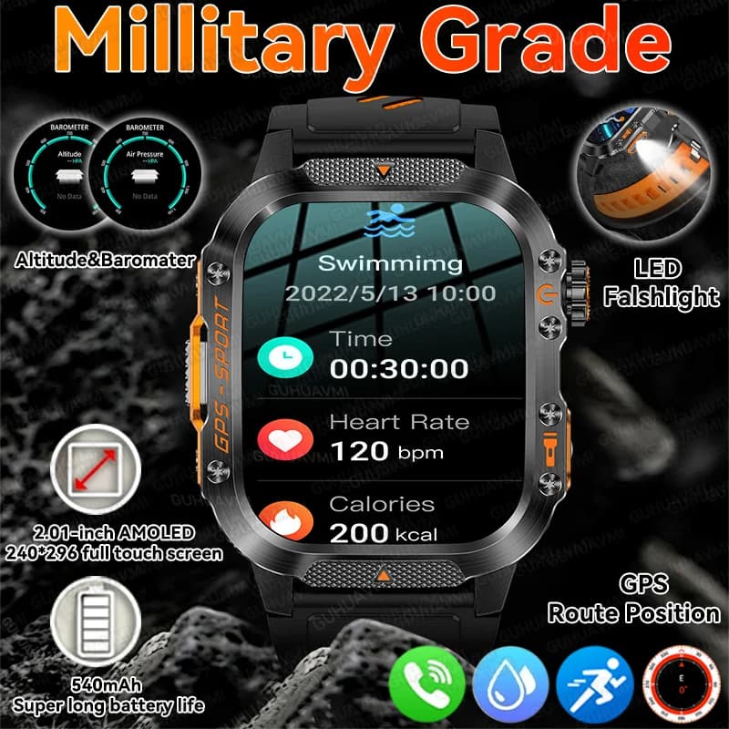 2026 Military Grade Integrated GPS Position 2.01 "Smart Watch Man 3ATM Waterproof compass 540mAh Bluetooth Smartwatch IOS