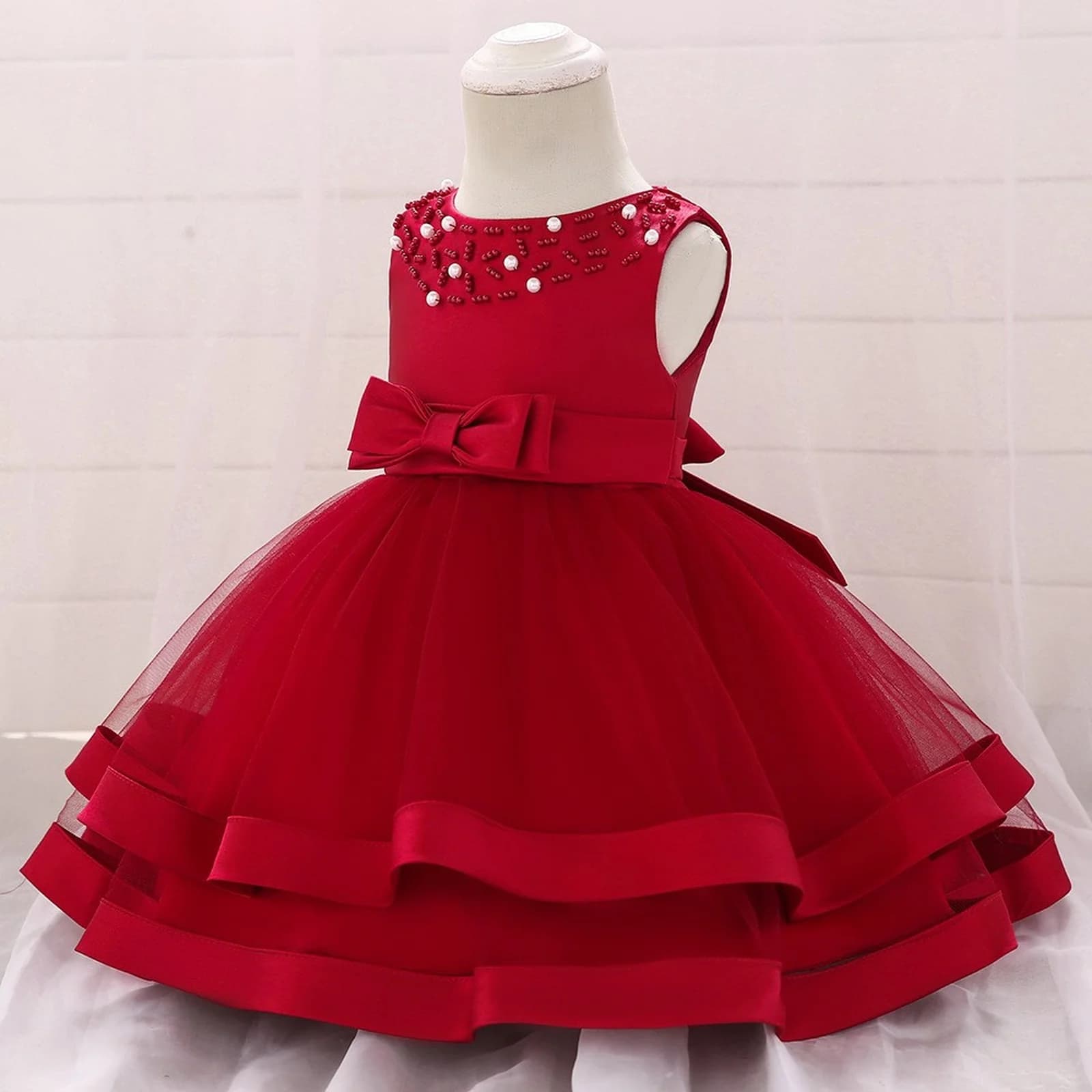 Toddler Beading Baptism Princess Dress For Baby Girls Tulle White Wedding 1st Birthday Bow Party Dresses Christening Kids Clothe