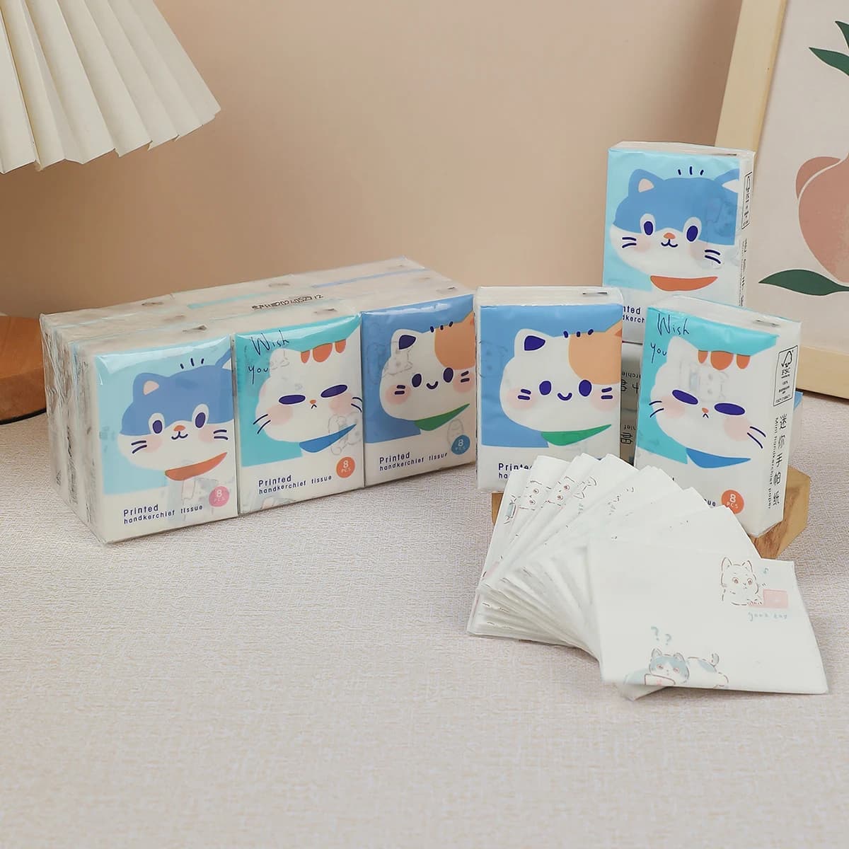 Confezione da 9 pezzi di fazzoletti di carta alla moda con gatto portafortuna, piccoli e portatili per studenti, con stampa a cartoni animati, per la pulizia quotidiana.