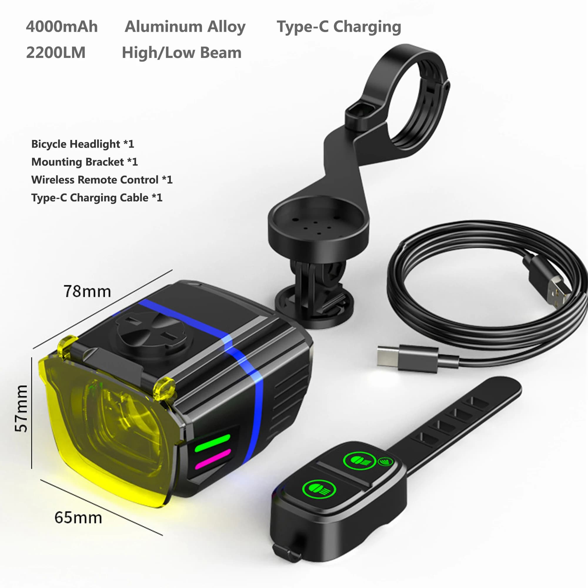 Luce per Bicicletta con Telecomando Wireless, 2200 Lumen, Faro Anteriore Bicolore per Mountain Bike e Ciclismo su Strada