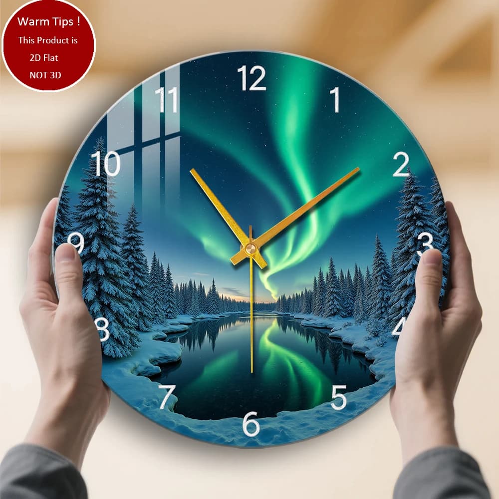 Northern Lights Snowy Forest Lake tempered glass wall clock suitable for wall decorations or table displays everywhere
