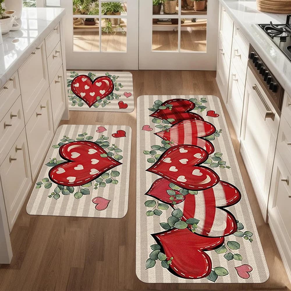 VIKAMA 2/3 pezzi San Valentino Tappetino da cucina con motivo a cuore antiscivolo morbido ingresso zerbino corridoio camera da letto runner tappeto decorazioni per la casa