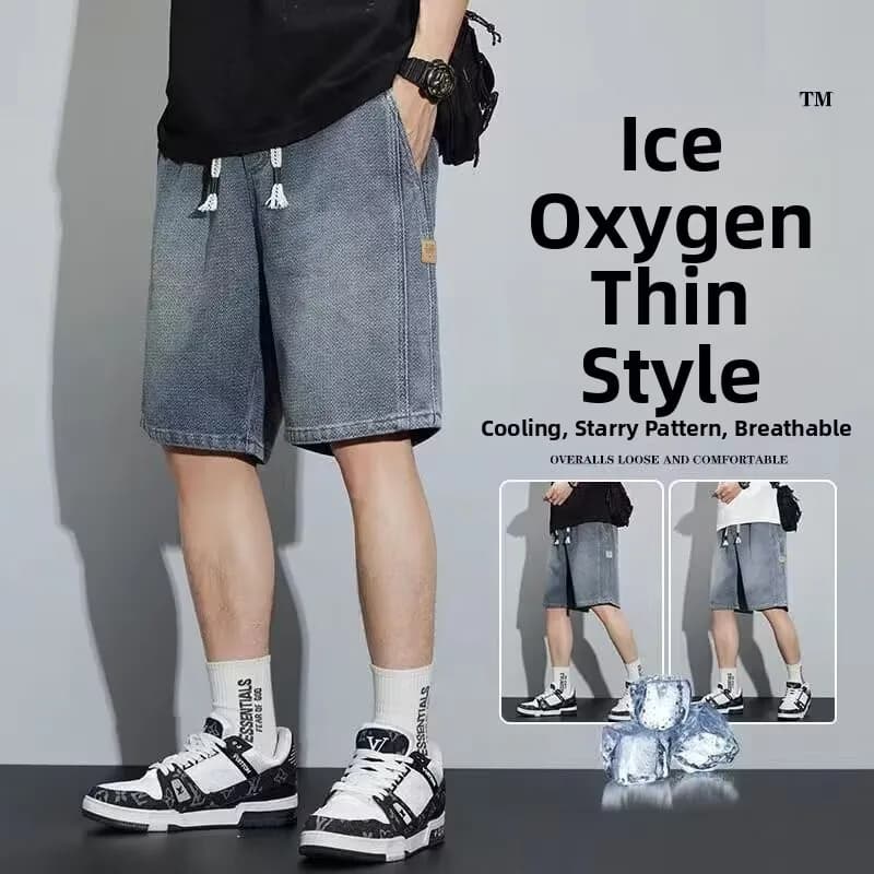 Men's Summer Thin Denim orts mid Waist Dstring Closure Straight Leg Casual Four-Five Length Starry Patterned Jeans