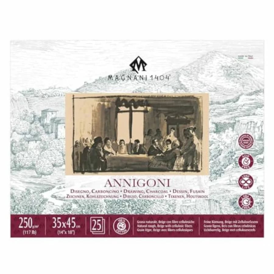 Annigoni Drawing Paper Pad 14x18, 25 Sheet Sketch Pads for Artists, 100% Cotton, Acid-Free Archival Art Sketchbook, Beige Sketc