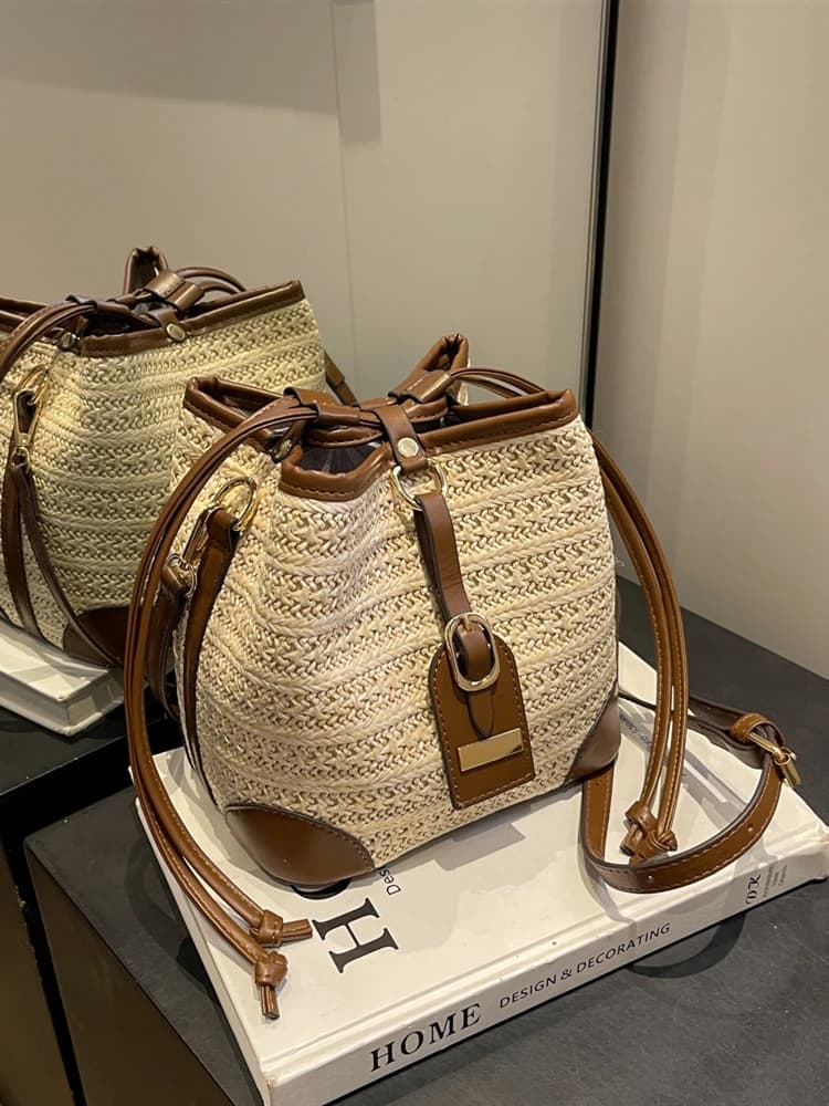 Fashionable women's shoulder bag with color blocks, braided design and drawstring, single shoulder casual bag